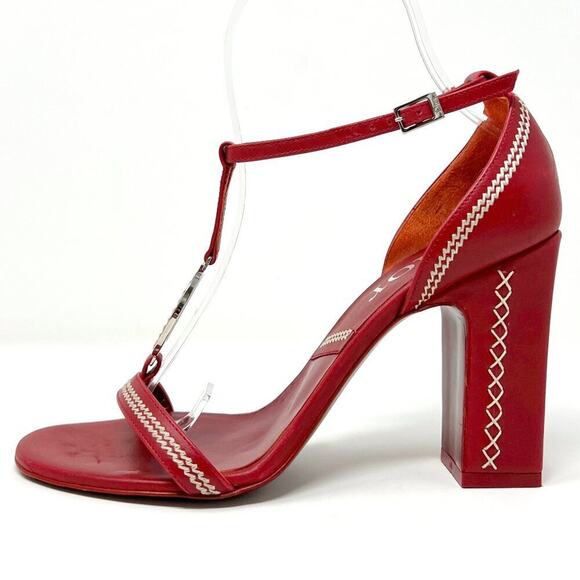 Dior 2005 Red Leather Logo Embroidered Block Heel Sandals- John Galliano Era - Picture 3 of 10